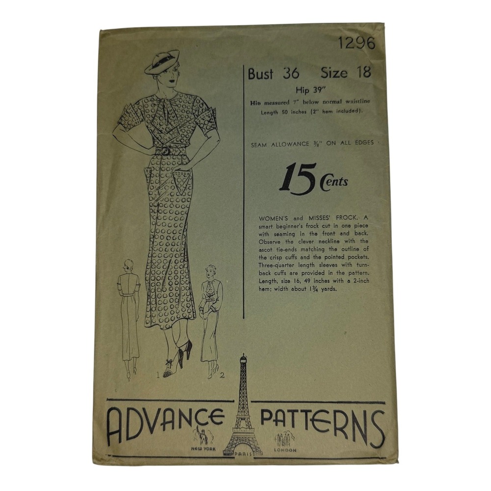 Vintage 1930s Advance Sewing Pattern 1296 Dress Vintage Size 18 Uncut Frock